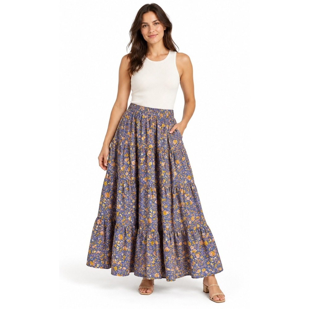 J Crew Tiered Midi Skirt Women Medium Purple Floral Cotton Boho Cottagecore
